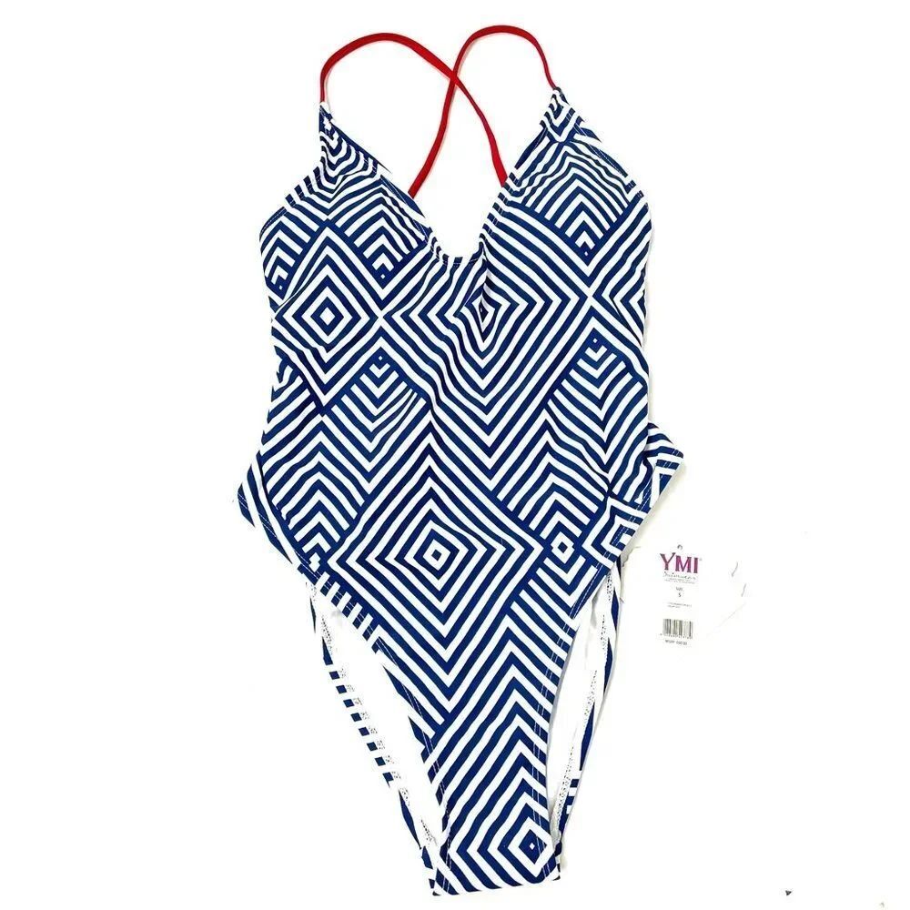 YMI Red, White & Blue Geometric Pattern Lace-up Back One Piece Swimsuit Sz S